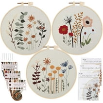 3 Sets Embroidery Starter Kit for Beginners Stamped Cross Stitch Kits with Cute Flowers and Plants Patterns with 1 Embroidery Hoop and Color Threads for Adults Kids