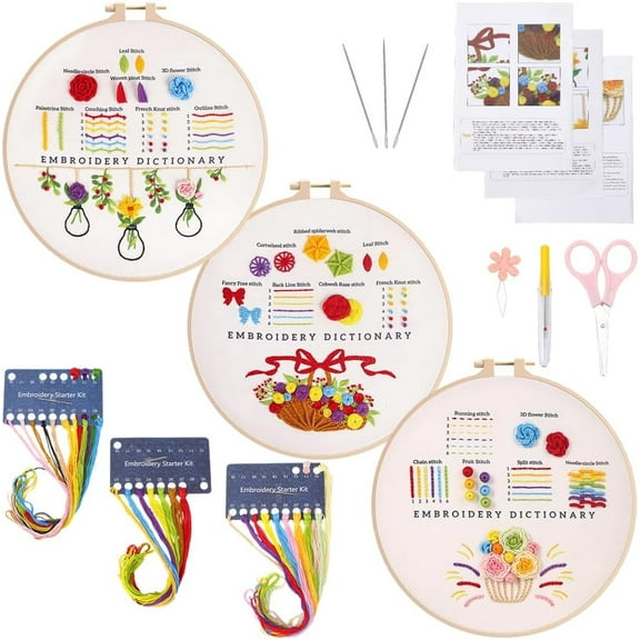 3 Sets Embroidery Starter Kit Easy Flower Stitch Floral Plants Pattern Punch Cotton Thread Needle Needlepoint Handmade Craft Kits for Beginners Adults Women Festival Gifts DIY Crafts