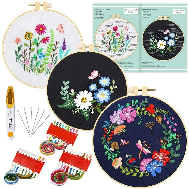 3 Sets Embroidery Starter Kit with Pattern and Instructions, Cross Stitch  Kits Include 3 Embroidery Cloth with Floral Pattern, 3 Plastic Embroidery  Hoops, Color Threads and Tools 