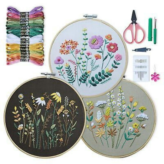 3 Sets Embroidery kit for Beginners Adults Learn 33 Flower flower Pattern Hoop