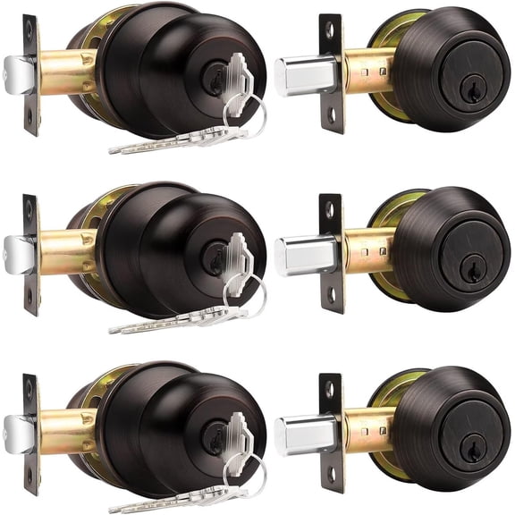 3 Sets-Entry Door Knob Lockset and Single Cylinder Deadbolt Combination Set, Keyed Alike Front Handlesets in Oil Rubbed Bronz
