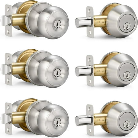 3 Sets Entry Door Knob and Single Cylinder Deadbolt Combo Set, Keyed Alike Round Ball Satin Nickel Exterior Door Knobs with Lock and Keys for Entrance and Front Door