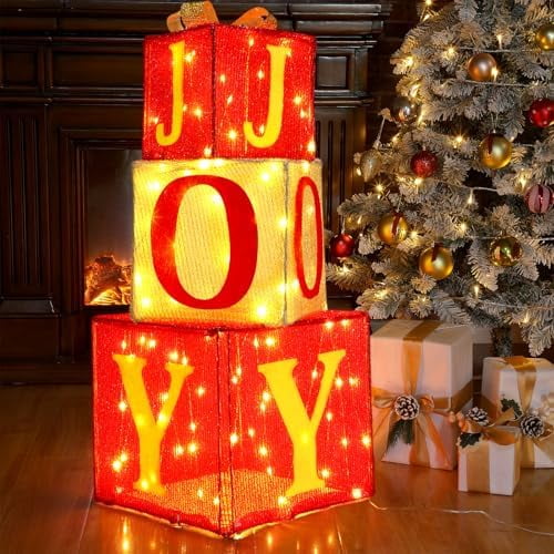 3 Sets Extra Large Christmas Lighted Gift Boxes 8.1'' 10.5'' 12.5'' Joy Present Boxes Pre Lit with 100 Warm White Lights Christmas Decorations for Home Indoor Outdoor Garden Lawn$$Garden & Patio