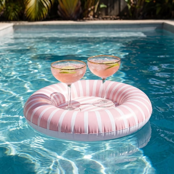 3 Sets Floating Pink Stripe Drinking Holder Station Floating Bar Pool Inflatable Mahjong Table Tray Drink Cooler Tray PVC Ice Cube Self-Service Bar Accessories