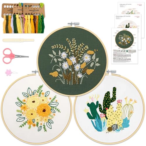 3 Sets Floral Embroidery Kit for Adults,Easy DIY Embroidery Kits for Beginners Stamped Cross Stitch Practice Kit,Includes Stamped Flower Pattern,Hoop,Color Threads,Tools