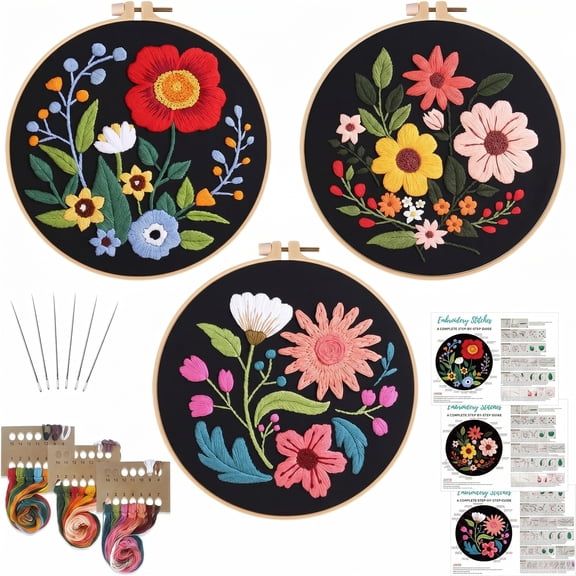 3 Sets Flowers Embroidery Kits for Beginners Adults, Cross Stitch Crewel Needlepoint Starter Kit with Floral Pattern, Hoop, Threads and Instructions
