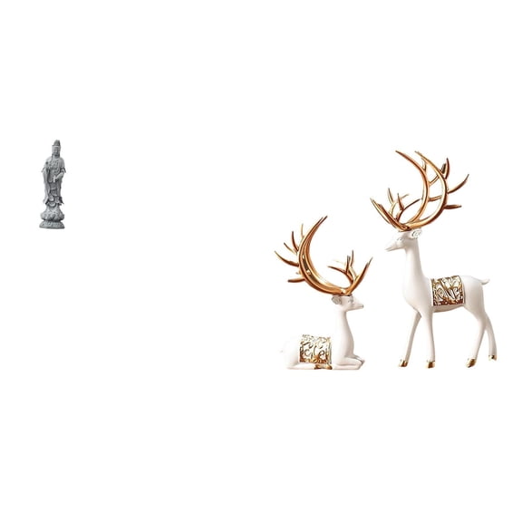 3 Sets Guan Yin Statue Reindeer Sculpture Deer Figurine Stone Resin Craft Bedroom Office Ornament