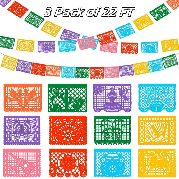 12Pcs(3 Packs) Mexican Banner - 66FT(22FT*3) Papel Picado Banners - Fiesta Party Supplies - Cinco de Mayo Party Decor