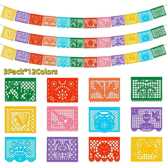 3 Sets Mexican Papel Picado Banners, 66Ft (22Ft X 3) - Festive Cinco De Mayo Fiesta Decorations