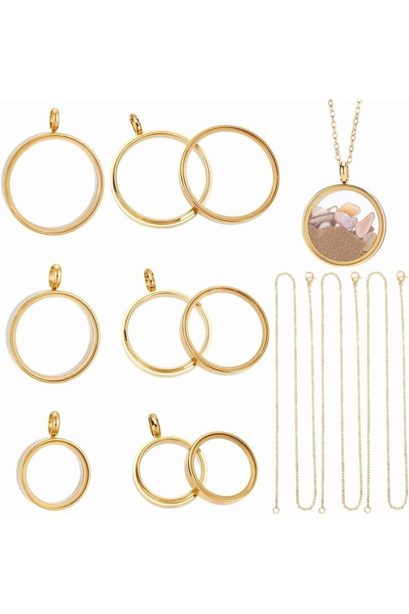 3 Sets Real 18K Gold Plated Memory Locket Charm Stainless Steel Flat Round DIY Picture Photo Necklace Making Kit Locket Pendants Glass Floating Charm for Jewelry Making diy