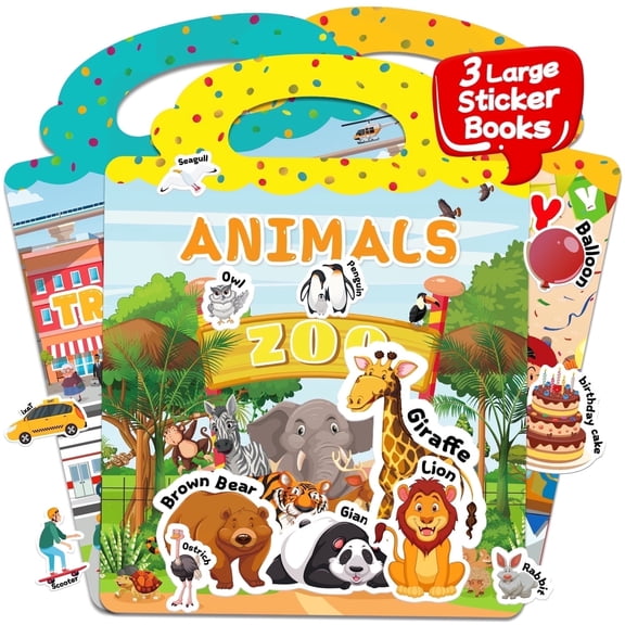 3 Sets Reusable Sticker Books for Toddlers 3-6 Years, Large Jelly Sticker Activity Books for Kids, Travel Toys for Toddlers Ages 3+ Girls & Boys