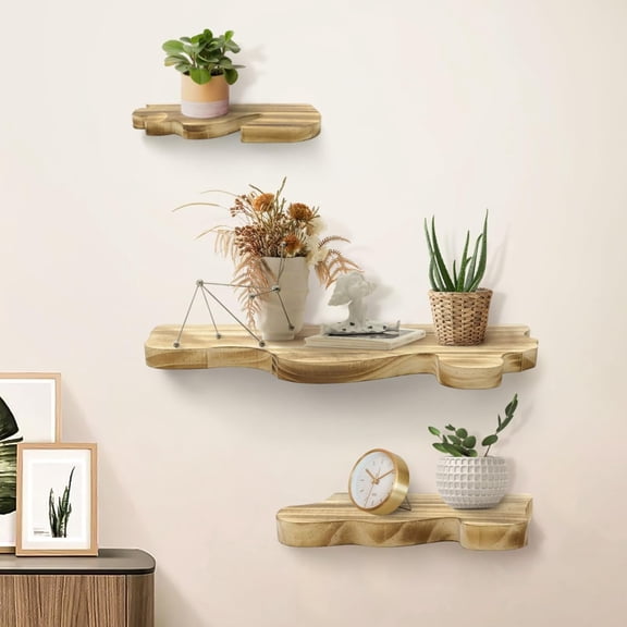 3 Sets Small Floating Shelves for Wall, 3 Size Rustic Live Edge Floating Shelves with Invisible Metal Bracket for Living Room Bedroom Kitchen, Wooden