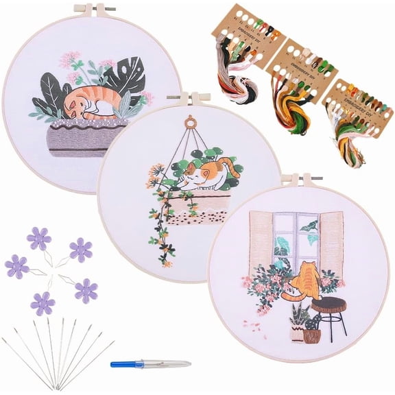 3 Sets Stitch Kits Animals Embroidery Starter Kit Cat Cut Holiday Orange Kitty Pattern Stitchwork Artwork with Hoop Color Threads Needles Instructions Needlepoint Art Crafts for DIY