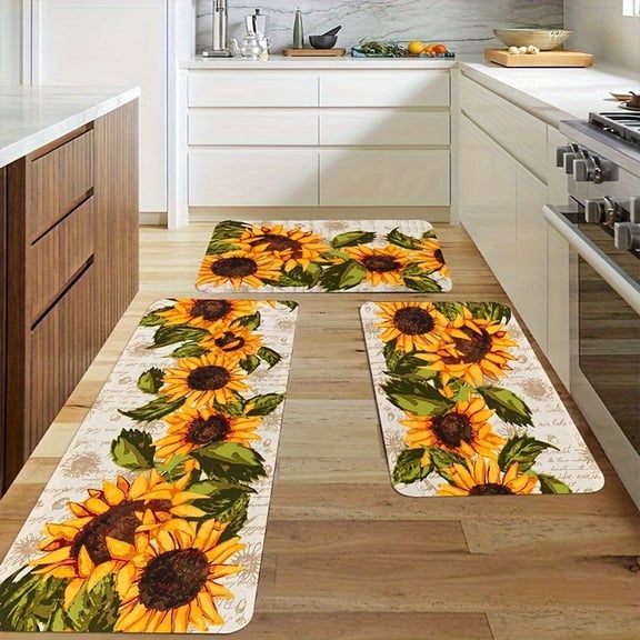 3 Sets Sunflower Print Kitchen Carpet, Durable Carpet, Soft Flannel Kitchen Mat, Machine Washable, Entrance Mat, Kitchen Living Room Carpet, Laundry Room Bathroom Carpet-Flannel Floor Mats