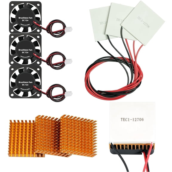3 Sets TEC1-12706 Peltier Cooler Module kit 6A 12V Cooling Panel + Aluminum Heat Sinks + 12V Cooling Fan