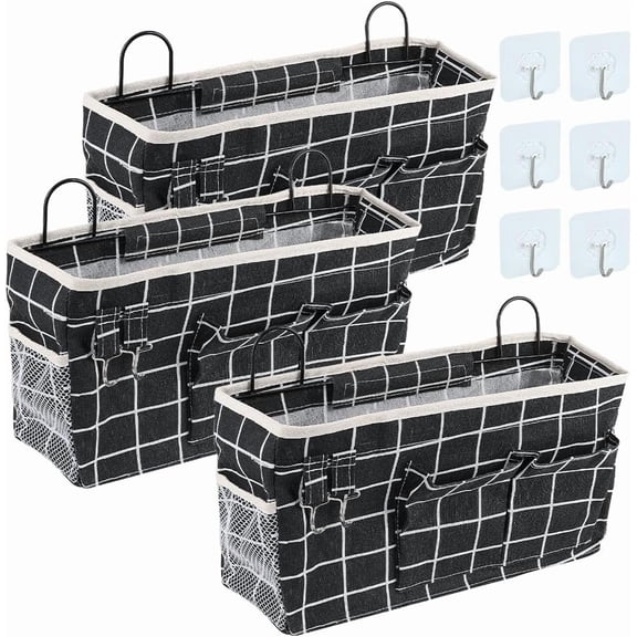 3 Sets Wall Hanging Storage Bag Multifunctional Door Closet Hanging Storage Basket with 6 Sticky Hooks Dorm Room Bedside Caddy Organizer for Bedroom Kitchen Bathroom Black