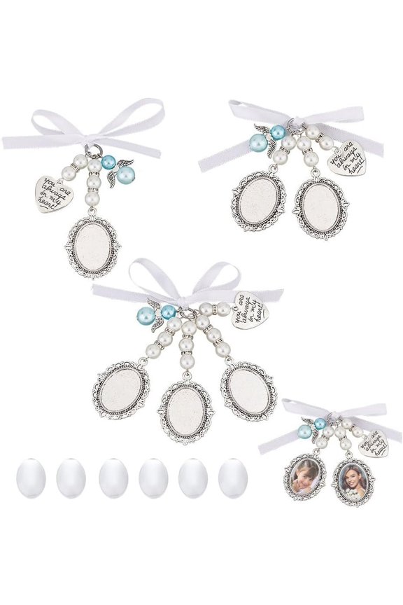 3 Sets Wedding Bouquet Photo Charm 3 Styles Pearl Wedding Charms 1-3 Lacy Trays with Glass Oval Cabochons Alloy Brooch Pins Photo Making Kit for Wedding Bride Party Silver DIY