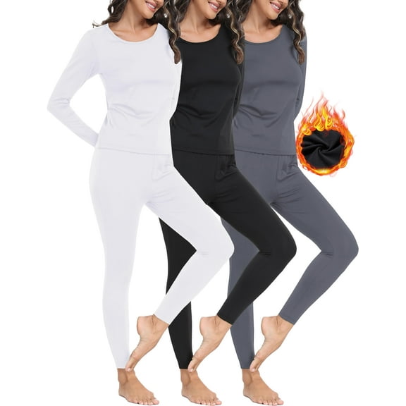 3 Sets Women's Thermal Underwear Set Fleece Lined Long Johns Thermal Underwear Base Layer for Women Cold Winter Black-White-Grey L