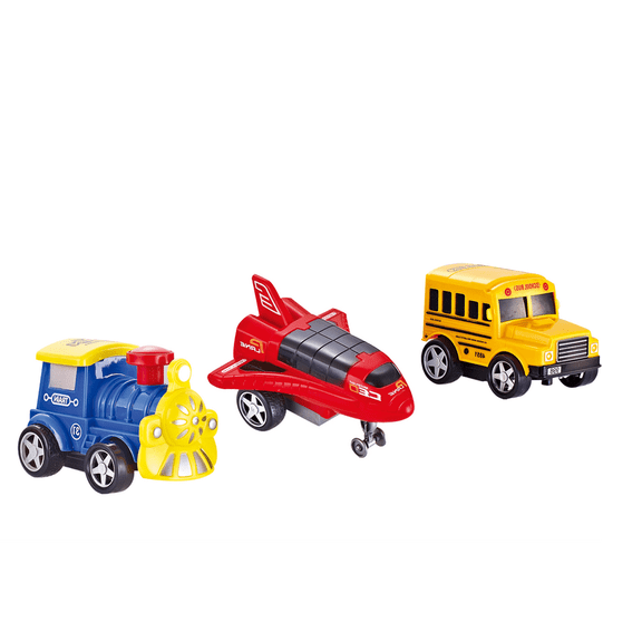 3 Sets of 5.5 Inches Friction Bus, Space Vehicle & Train Play Set (Red)