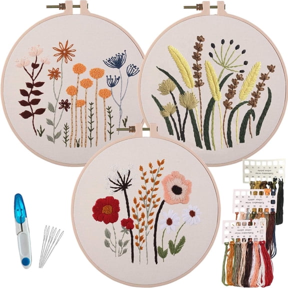 3 Sets of Beginner Embroidery Kits with 3 Patterns and 6 , Needlepoint Kits for Adults,Including Embroidery Floss,3 Plastic Hoops and 3  Fabric