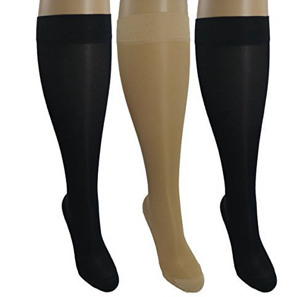 3 Sheer Pair Small/Medium Ladies Compression Socks, Moderate/Medium Graduated Compression 15-20 mmHg. Therapeutic, Occupational, Travel & Flight Knee-High Hosiery. Assorted Colors: 1 Nude, 2 Black