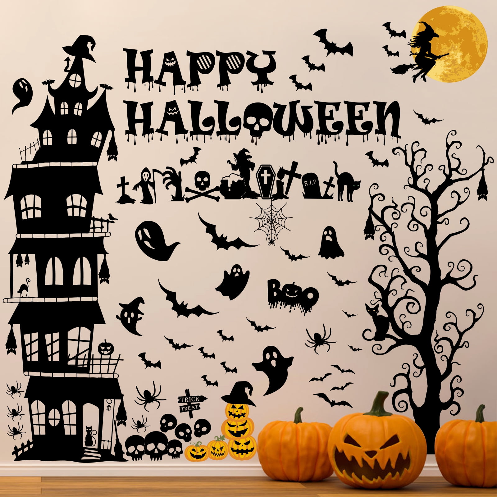 3 Sheet Happy Halloween Removable Wall Window Decals, Vinyl Witch Bats