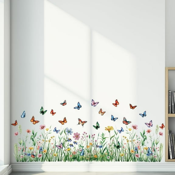 3 Sheet Self Adhesive Wall Sticker Wall Posters and Prints Grass Wildflowers Butterflies Peel and Stick Wall Decals Removable Waterproof Decals for Wall Art Home Decor