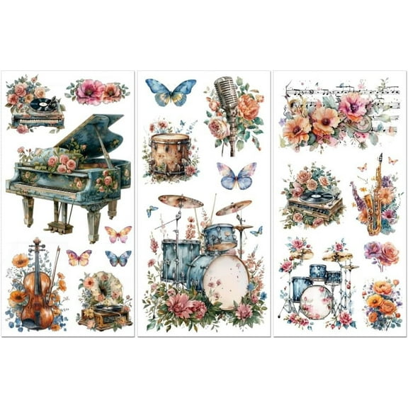 3 Sheets 3 Styles PVC Waterproof Decorative Stickers Self Adhesive Decals for Furniture Decoration Musical Instruments 300x150mm 1 sheet/style Material Plastic