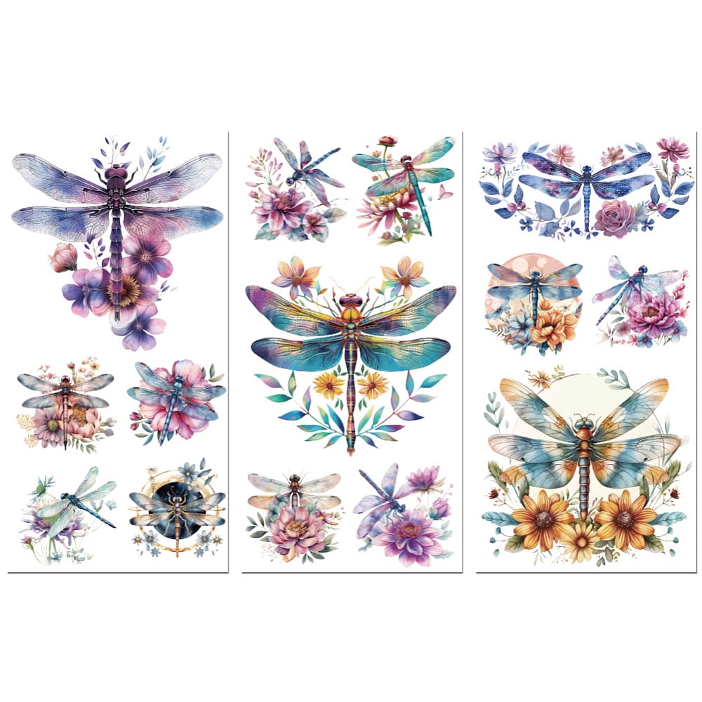 3 Sheets 3 Styles PVC Waterproof Decorative Stickers Self Adhesive Decals for Furniture Decoration Dragonfly 300x150mm 1 sheet/style