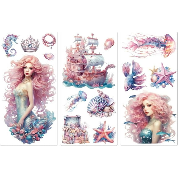 3 Sheets 3 Styles PVC Waterproof Decorative Stickers Self Adhesive Decals for Furniture Decoration Mermaid 300x150mm 1 sheet/style
