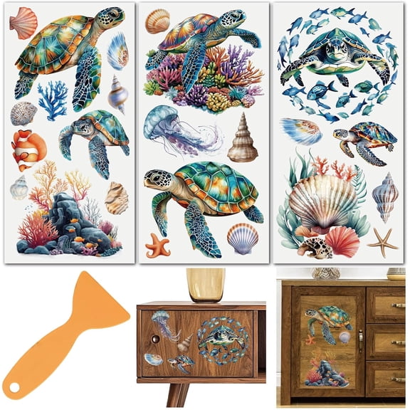 3 Sheets 3 Styles PVC Waterproof Decorative Stickers Self Adhesive Decals for Furniture Decoration Turtle 300x150mm 1 sheet/style PVC