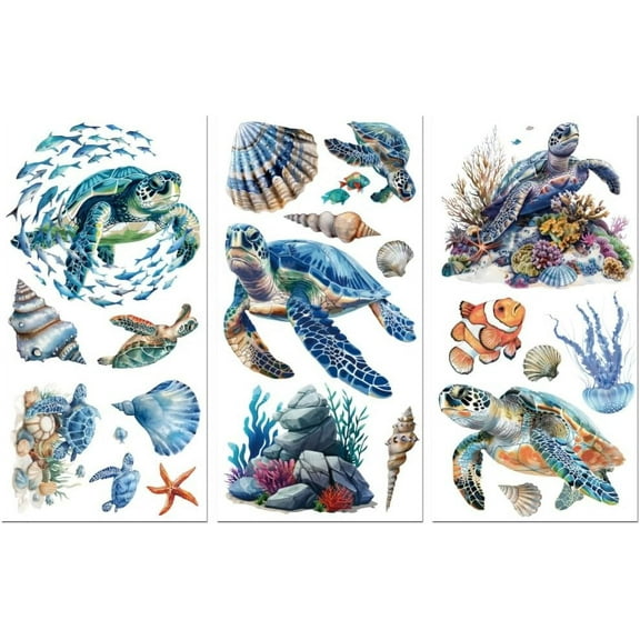 3 Sheets 3 Styles PVC Waterproof Decorative Stickers Self Adhesive Decals for Furniture Decoration Turtle 300x150mm 1 sheet/style