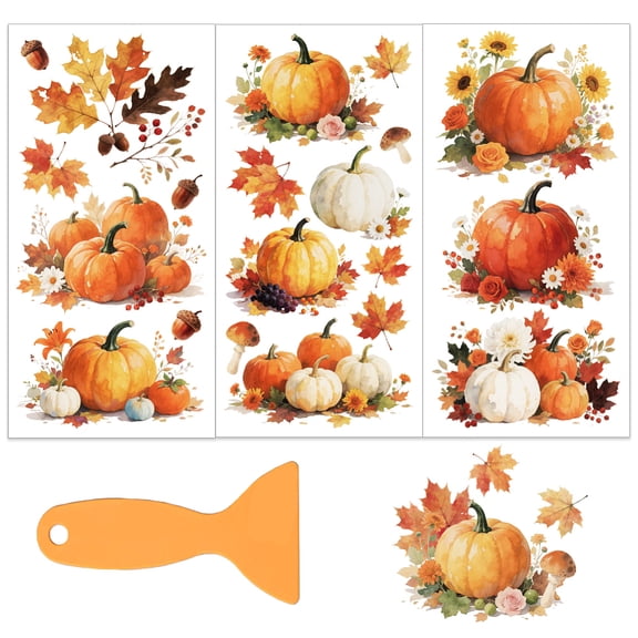 3 Sheets 3 Styles PVC Waterproof Decorative Stickers Self Adhesive Floral Decals Pumpkin 300x150mm