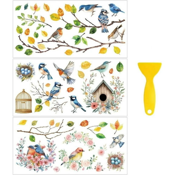 3 Sheets 3 Styles PVC Waterproof Decorative Stickers for Furniture Decoration Bird Self Adhesive Floral Decals 300x150mm 1 sheet/style