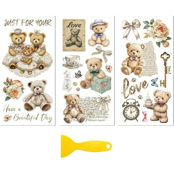 3 Sheets 3 Styles PVC Waterproof Decorative for Furniture Decoration Bear Stickers Self Adhesive Floral Decals 300x150mm 1 sheet/style