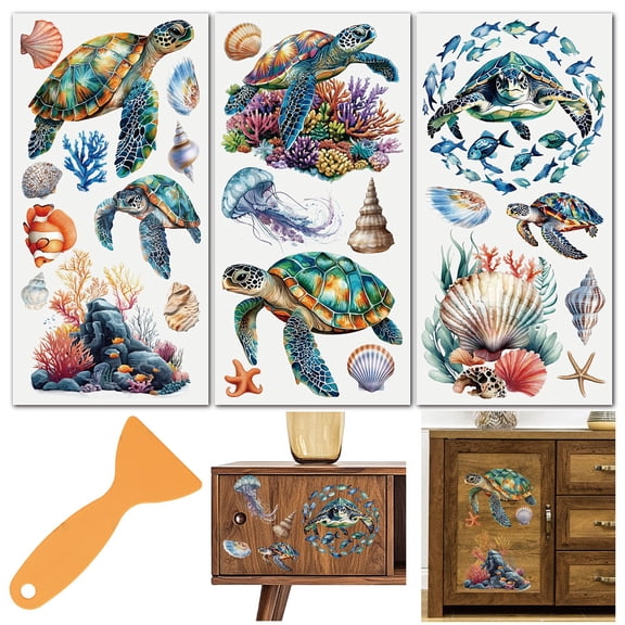 3 Sheets 3 Styles Sea Turtle Rub on Transfers Furniture Seashell Furniture Transfer Stickers PVC Waterproof Decorative Self Adhesive Stickers