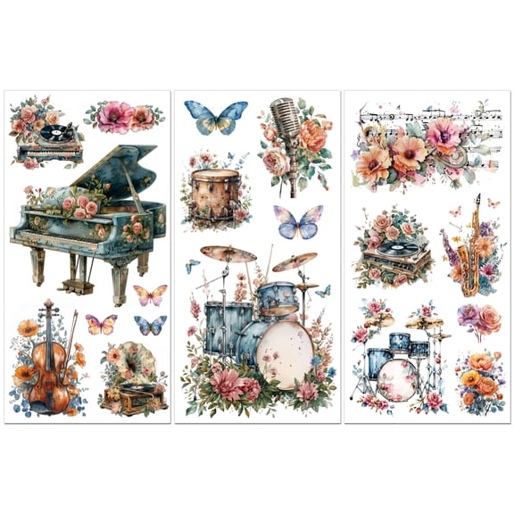 3 Sheets 3 styles PVC Waterproof Decorative Stickers Self Adhesive Decals for Furniture Decoration Musical Instruments 300x150mm 1 sheet/style Plastic
