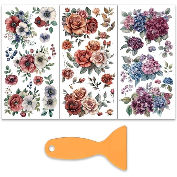 3 Sheets 3 styles PVC Waterproof Decorative Stickers Self Adhesive Floral Decals 1 sheet/style PVC for Furniture Decoration June Rose 300x150mm