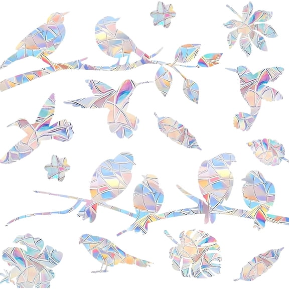 3 Sheets/35 Pieces Bird Leaves Sun Catcher Window Clings, Anti-Collision Stickers Decals Prevent Bird Strikes, Hummingbird Rainbow Prismatic Window Glass Clings Non Adhesive