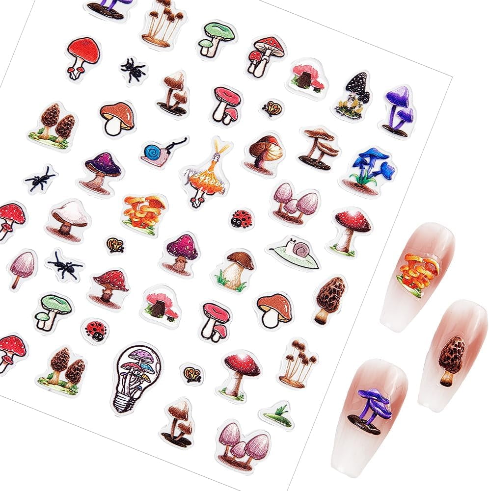 3 Sheets 3D Mushroom Nail Art Stickers Self Adhesive Embossed Nails ...