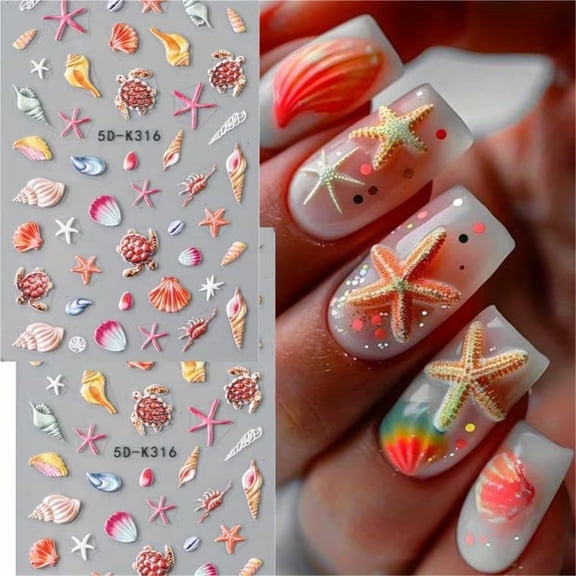 3 Sheets 5D Ocean Nail Art Stickers Seashell Starfish Turtle Decals Summer Manicure