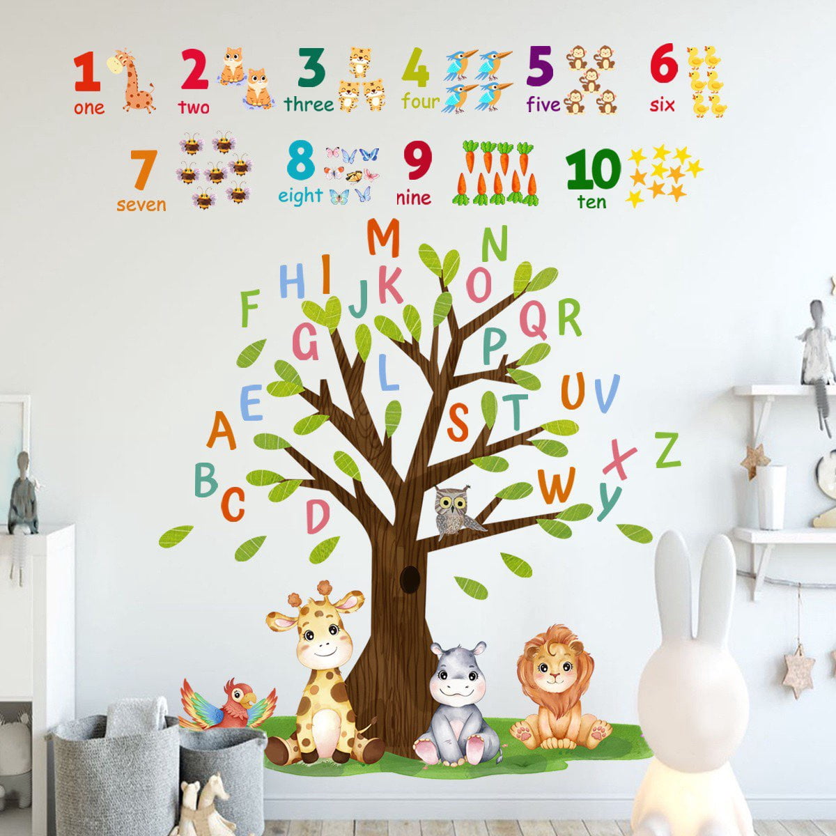 3 Sheets Animal Alphabet and Numbers Tree Wall Decals Learning ABC ...