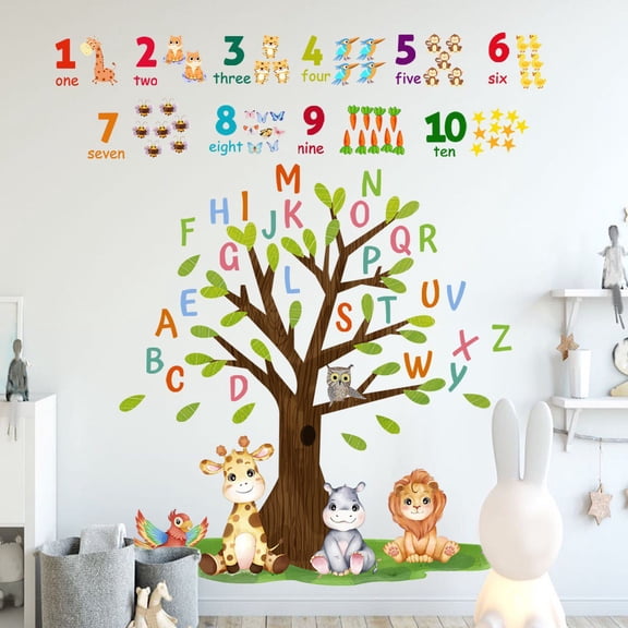 3 Sheets Animal Alphabet and Numbers Tree Wall Decals Learning ABC Letters deer Numbers Peel and Stick Wall Decals Home Bedroom Playroom Nursery Home Decor