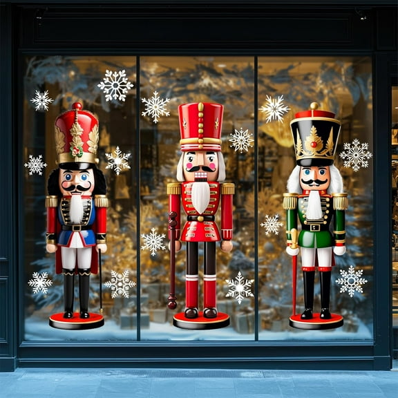 3 Sheets Christmas Window Clings Extra Large 3D Nutcracker Snowflake Window Stickers Vintage Glass Decals for Xmas Home Classroom Office Party Decoration