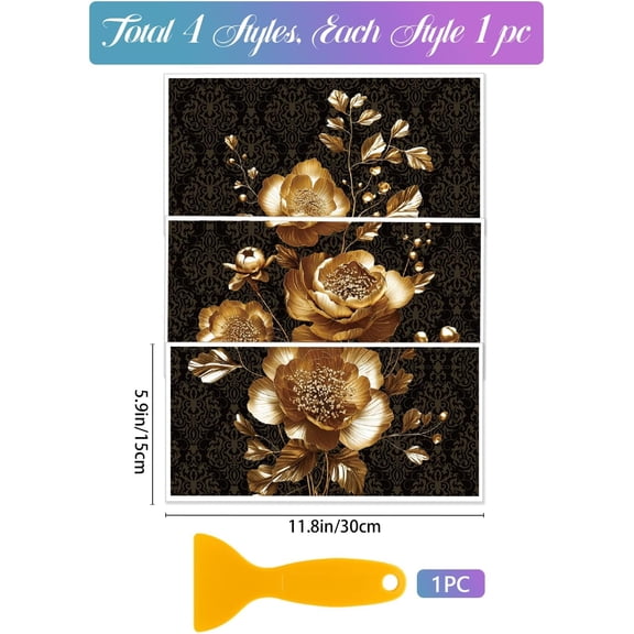 3 Sheets Colorful 3D Golden Peony Flower Rub on Transfers 6x12inch Retro Flower Furniture Decor Transfers Vintage Floral Transfers Stickers for Bedroom Living Room Desk Table Decoration