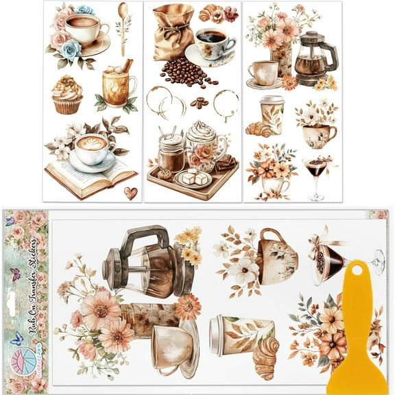 3 Sheets Colorful Coffee Boho Rub on Transfers 6x12inch Coffee Bean Cups Furniture Decor Transfers Book Flower Decal Transfers Stickers for Bedroom Living Room Desk Table Decoration Colorful
