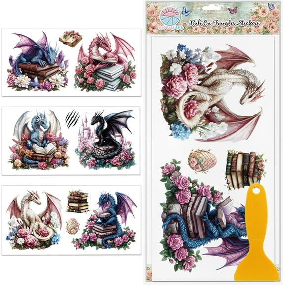 3 Sheets Colorful Dragon Book Rub on Transfers Pink Purple Dragon Furniture Decor Transfers Cute Magic Animal Decal Transfers Stickers for DIY Making