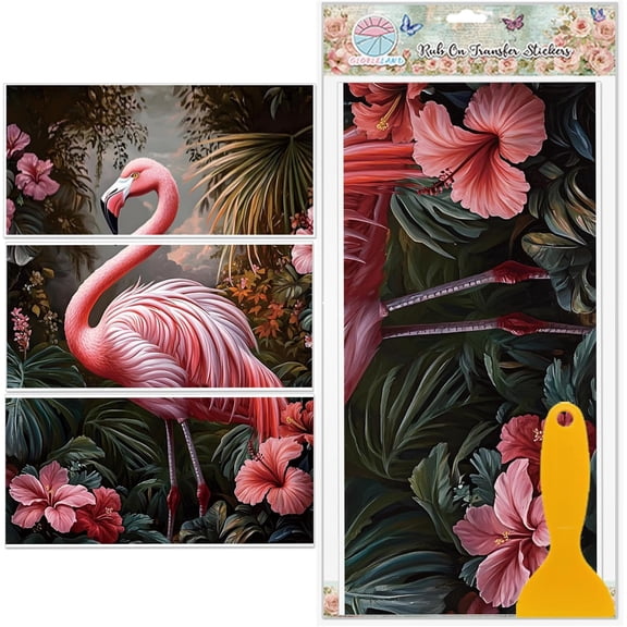 3 Sheets Colorful Flamingo Rub on Transfers Tropical Plants Furniture Decor Transfers Pink Flower Decal Transfers Stickers for Bedroom Living Room Desk Table Decoration