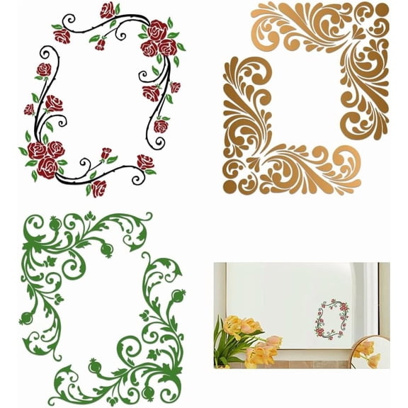 3 Sheets Corner Mirror Stickers Colorful Floral and Vine Mirror Stickers Peel and Stick Wall Decoration