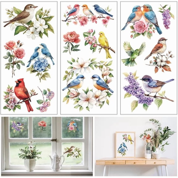 3 Sheets Flowers and Birds Furniture Transfer 6x12inch Flower Wreath and Birds Rub on Transfer Self-Adhesive Wall Art Decals for Bedroom Living Room Desk Table Decoration DIY
